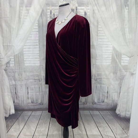 Alex Marie Plus Long Sleeve Mahogany Red Velvet Ruched Faux Wrap Dress Formal - Picture 6 of 11